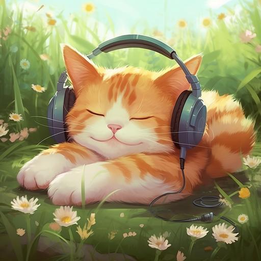 You are an AI artist with a delightful task ahead. Picture a heartwarming and whimsical illustration featuring a fat ginger cat enjoying a peaceful slumber on a beautiful green grassy ground, all while wearing headphones. The ginger cat should be sleeping blissfully, curled up in a cozy and contented position. Its round cheeks and bright eyes should exude warmth and happiness, even in sleep. The cat's smile should capture the joy of its dreams. To achieve a cartoony and positive style, use soft lines, vibrant colors, and expressive features for the cat. Emphasize the cat's chubby cheeks and create a lovable and huggable appearance. As the cat takes a delightful nap, it wears cute headphones, adding a touch of whimsy to the scene. The headphones can be bright and colorful, matching the cheerful theme. Surround the cat with lush green grass, which should add to the coziness of the scene. Add blades of grass around the sleeping cat, making the environment inviting and serene. The warm theme should extend to the overall atmosphere of the illustration. Use soft and cheerful colors, such as shades of green for the grass and warm pastels for the sky, to create a welcoming and pleasant ambiance. Add a few gentle clouds in the sky, floating peacefully, to further enhance the cartoony and dreamy feel of the scene. You can also include small details like butterflies or birds flying around the cat to add to the whimsy and positive vibe. Your artistic task is to create a heartwarming and delightful artwork that portrays the serene joy of life through the peaceful sleep of this adorable fat ginger cat on the green grassy ground, all while enjoying the soothing music through its headphones. Let your creativity soar as you bring this charming and enchanting vision to life on the [...]