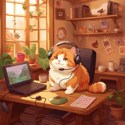 You are an AI artist with a delightful task ahead. Picture a heartwarming and whimsical illustration featuring a fat ginger cat, brimming with happiness, as it engages in two delightful activities in its cozy room behind its desk - cooking and studying - all while wearing adorable headphones. In one corner of the room, depict the ginger cat happily cooking, wearing a cute chef's hat and an apron. The cat should be fully immersed in its culinary adventure, preparing a delightful meal. Its round cheeks and bright eyes should exude warmth and joy, reflecting the happiness it feels while cooking. Beside the cooking area, show the same fat ginger cat seated behind a cozy desk, wearing cute and colorful headphones. The cat should be engrossed in studying, surrounded by books and study materials. Its expression should exude curiosity and enthusiasm for learning. To highlight the cat's enjoyment of music while engaging in both activities, ensure that the headphones are prominent and eye-catching. Design them to be cozy and fitting seamlessly into the cartoony style. To achieve a cartoony and positive style, use soft lines, vibrant colors, and expressive features for the cat. Emphasize the cat's chubby cheeks and create a lovable and huggable appearance. Design the room to be warm and inviting, with soft pastel colors and charming details. Add a soft glow from the desk lamp to create a cozy and peaceful ambiance. In the background, you can include a window with curtains gently swaying, offering a glimpse of a beautiful sunny day outside, filling the room with natural light and positivity. Your artistic task is to create a heartwarming and delightful artwork that captures the joy and productivity of life through the culinary and studying adventures of this adorable fat [...]