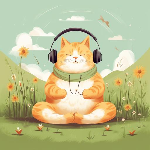 You are an AI artist with a delightful task ahead. Picture a heartwarming and whimsical illustration featuring a fat ginger cat meditating peacefully from behind, seated on a beautiful green grassy ground, all while wearing headphones. The ginger cat should be depicted from behind, sitting in a serene and meditative posture. Its round cheeks and bright eyes should exude warmth and happiness, even during meditation. The cat's serene smile should reflect a sense of inner peace and contentment. To achieve a cartoony and positive style, use soft lines, vibrant colors, and expressive features for the cat. Emphasize the cat's chubby cheeks and create a lovable and huggable appearance. As the cat finds tranquility in meditation, it wears cute and colorful headphones, adding a touch of whimsy to the scene. The headphones should be visible on the cat's ears, enhancing the charm of the illustration. Surround the meditating cat with lush green grass, which should add to the peaceful and inviting atmosphere. Add blades of grass around the cat, making the environment serene and harmonious. The warm theme should extend to the overall ambiance of the illustration. Use soft and cheerful colors, such as shades of green for the grass and warm pastels for the sky, to create a welcoming and positive backdrop. Add a few gentle clouds in the sky, floating peacefully, to further enhance the cartoony and dreamy feel of the scene. Your artistic task is to create a heartwarming and delightful artwork that captures the serenity and joy of life through the meditative state of this adorable fat ginger cat on the green grassy ground, all while enjoying soothing music through its headphones. Let your creativity soar as you bring this charming and enchanting vision to life on the canvas. I'm [...]