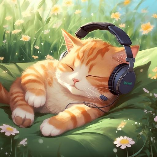 You are an AI artist with a delightful task ahead. Picture a heartwarming and whimsical illustration featuring a fat ginger cat enjoying a peaceful slumber on a beautiful green grassy ground, all while wearing headphones. The ginger cat should be sleeping blissfully, curled up in a cozy and contented position. Its round cheeks and bright eyes should exude warmth and happiness, even in sleep. The cat's smile should capture the joy of its dreams. To achieve a cartoony and positive style, use soft lines, vibrant colors, and expressive features for the cat. Emphasize the cat's chubby cheeks and create a lovable and huggable appearance. As the cat takes a delightful nap, it wears cute headphones, adding a touch of whimsy to the scene. The headphones can be bright and colorful, matching the cheerful theme. Surround the cat with lush green grass, which should add to the coziness of the scene. Add blades of grass around the sleeping cat, making the environment inviting and serene. The warm theme should extend to the overall atmosphere of the illustration. Use soft and cheerful colors, such as shades of green for the grass and warm pastels for the sky, to create a welcoming and pleasant ambiance. Add a few gentle clouds in the sky, floating peacefully, to further enhance the cartoony and dreamy feel of the scene. You can also include small details like butterflies or birds flying around the cat to add to the whimsy and positive vibe. Your artistic task is to create a heartwarming and delightful artwork that portrays the serene joy of life through the peaceful sleep of this adorable fat ginger cat on the green grassy ground, all while enjoying the soothing music through its headphones. Let your creativity soar as you bring this charming and enchanting vision to life on the [...]
