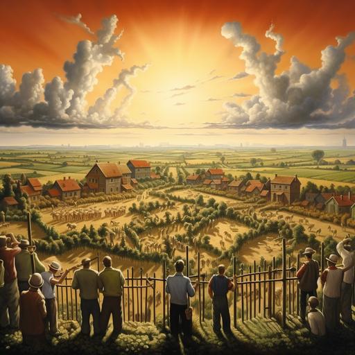 You see a village with tall buildings, there is sunshine, but on the horizon there is a high wall, behind the fence you can't see anything, there are fields and people talking to each other, adults, old men and children, people who work in agriculture