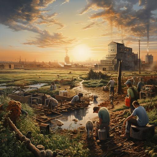 You see tall buildings, there is sun, but on the horizon there is a high concrete wall, there are fields and many people talking to each other, adults, old people and children, people working in agriculture, people working in tinsmithing, people working in carpentry