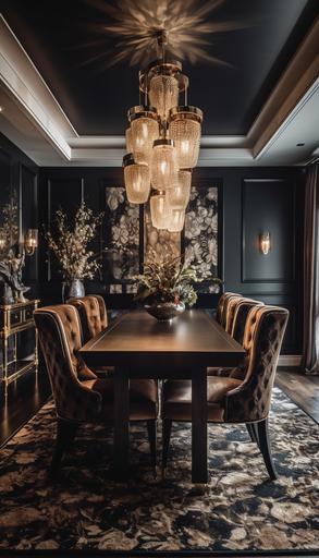 You step into a dining room that feels both glamorous and provate, with a statement chandelier hanging from the ceiling and plush, velvet chairs arranged around a long, polished wood table. The walls are painted in a bold, graphic pattern, and the room is accented with metallic details that catch the light and create a sense of drama. Use sensory language to evoke the sights and sounds of this hyperrealistic space, allowing the reader to feel as if they are actually there. CAMERA: Canon EOS 5D Mark IV Paired with a wide-angle lens Canon EF 16-35mm f/2.8L III USM | COMPOSITION: Rule of Thirds, POST- PROCESSING: Enhanced brishtness and clarity. boosted vibrancy of colors. --ar 4:7 --v 5 --q 2 --s 750 --v 5 --q 2 --s 250