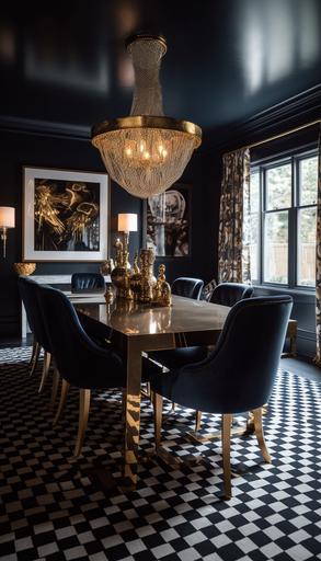 You step into a dining room that feels both glamorous and provate, with a statement chandelier hanging from the ceiling and plush, velvet chairs arranged around a long, polished wood table. The walls are painted in a bold, graphic pattern, and the room is accented with metallic details that catch the light and create a sense of drama. Use sensory language to evoke the sights and sounds of this hyperrealistic space, allowing the reader to feel as if they are actually there. CAMERA: Canon EOS 5D Mark IV Paired with a wide-angle lens Canon EF 16-35mm f/2.8L III USM | COMPOSITION: Rule of Thirds, POST- PROCESSING: Enhanced brishtness and clarity. boosted vibrancy of colors. --ar 4:7 --v 5 --q 2 --s 750 --v 5 --q 2 --s 250