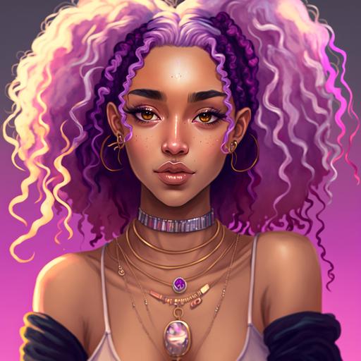 Young Adult Female, Dark brown skin, Long curly pink hair pulled into two space buns, Brown eyes, long lashes, pink and purple outfit, crystal necklace, Colorful background. Beautifully color graded, Digital Artist, Half body, Modern, Semi realistic anime style