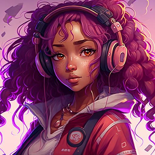 Young Adult Female, Dark brown skin, long curly pink hair, Brown eyes, long lashes, pink and purple outfit, Colorful background. Beautifully color graded, Gamer, Pink headphones, Half body, Modern, Semi realistic anime style