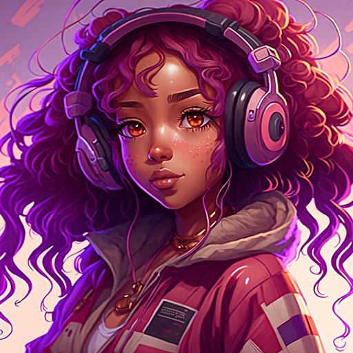 Young Adult Female, Dark brown skin, long curly pink hair, Brown eyes, long lashes, pink and purple outfit, Colorful background. Beautifully color graded, Gamer, Pink headphones, Half body, Modern, Semi realistic anime style
