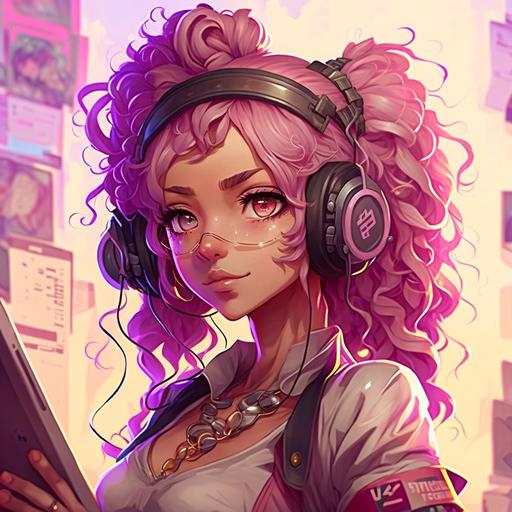 Young Adult Female, Dark brown skin, long curly pink hair, Brown eyes, long lashes, pink and purple outfit, crystal necklace, Colorful background. Beautifully color graded, Gamer, Pink headphones, Half body, Modern, Semi realistic anime style