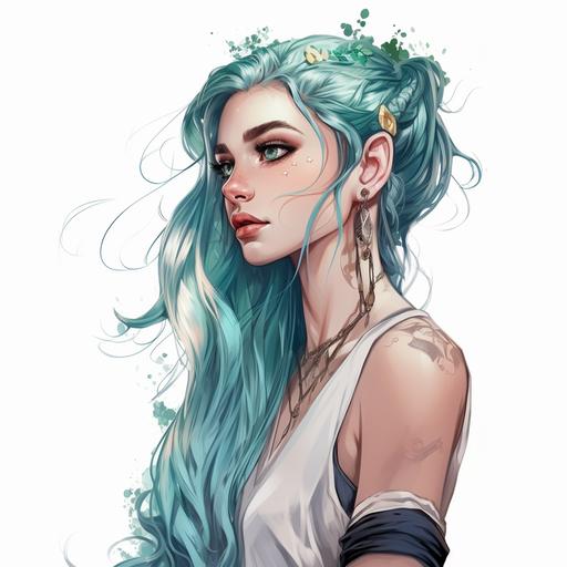 Young adult Elf a female character ,small body frame , Elf ears,hair super long bright turquoise, pastel fashion,tattoos ,piercing, full body, fashion sketch ,digital art