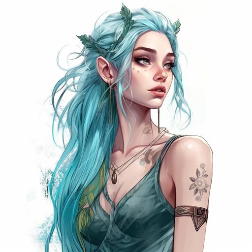 Young adult Elf a female character ,small body frame , Elf ears,hair super long bright turquoise, pastel fashion,tattoos ,piercing, full body, fashion sketch ,digital art