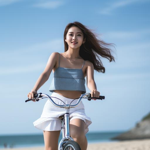 Young asia woman in shorts and off - shoulder top riding bicycle on the beach, showing legs, kpop, soft, dreamy quality, sleek lines, avacad nt asian girl ng off - the - shoulder jeans, minimalist suit with sleek lines and nautical appeal, sunshine beach, full body , feel happy