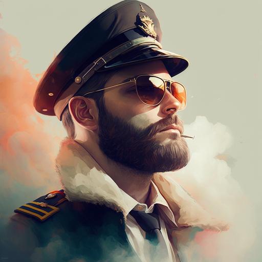 Young captain picture with the light color background, without text, sunglasses, no beard, captain cap, cigar