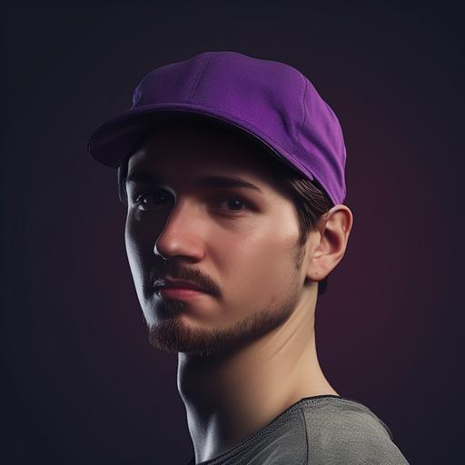 Young european Man wearing a purple skater hat, small mustang, light skin, highest details, epic, cinematic portrait photography, --s 50
