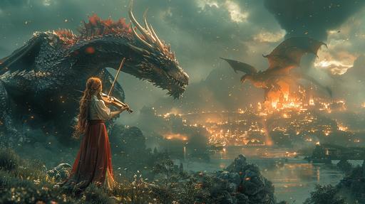 Young female Red Haired teenager adventurer plays a violin on top of a grass hill as an angry dragon flies towards her, a burning city next to the sea in the far distance, night time, cinematic lighting, dark and crimson --ar 16:9 --style raw --stylize 1000