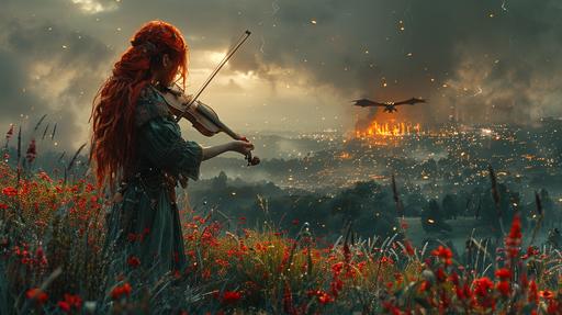 Young female Red Haired teenager adventurer plays a violin on top of a grass hill, an angry dragon flying towards her, a burning city next to the sea in the far distance, night time, cinematic lighting, dark and crimson --ar 16:9 --v 6.0 --style raw --stylize 1000