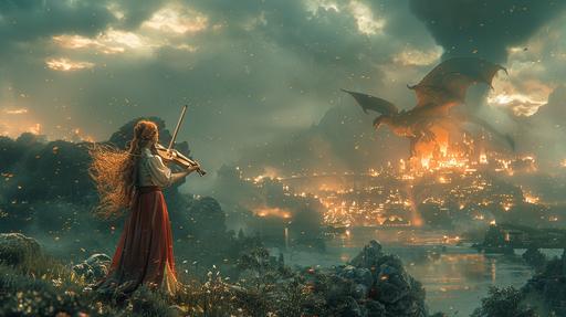 Young female Red Haired teenager adventurer plays a violin on top of a grass hill as an angry dragon flies towards her, a burning city next to the sea in the far distance, night time, cinematic lighting, dark and crimson --style raw --stylize 1000 --ar 16:9 --v 6.0