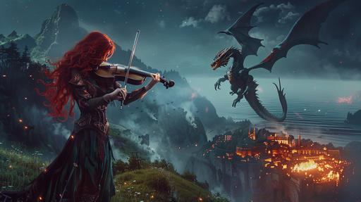 Young female Red Haired teenager adventurer plays a violin on top of a grass hill as an angry dragon flies towards her, a burning city next to the sea in the far distance, night time, cinematic lighting --ar 16:9 --v 6.0
