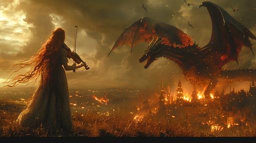 Young female Red Haired teenager adventurer plays a violin on top of a grass hill, an angry dragon flying towards her, a burning city next to the sea in the far distance, night time, cinematic lighting, dark and crimson --ar 16:9 --v 6.0 --stylize 1000