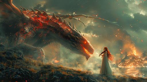 Young female Red Haired teenager adventurer plays a violin on top of a grass hill, an angry red dragon flying towards her, a burning city next to the sea in the far distance, night time, cinematic lighting, dark and crimson --ar 16:9 --v 6.0 --stylize 1000