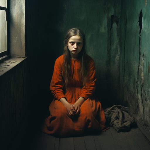 Young girl sits in the Russian empire prison cell and draws somwthing on the wall, 1900s, photorealistic, grim menacing colours.