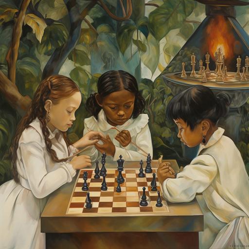 Young girls playing chess in the park, sitting at chess table at sunset ::1 young girls playing chess ::1.5, Diego Rivera, Vincent van Gogh ::3 --stylize 10