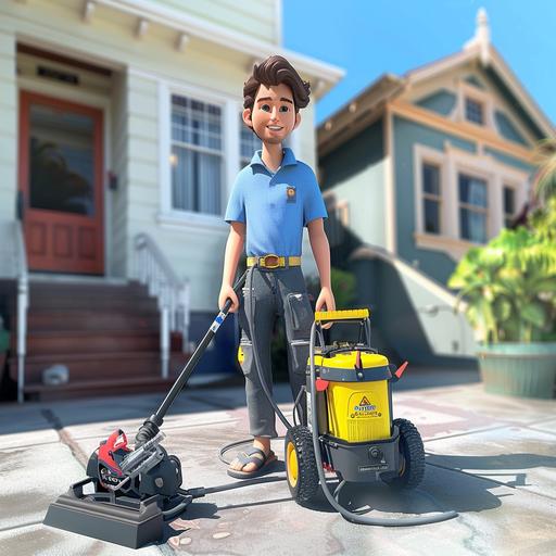 Young handyman-surfer in san francisco city, 3d cartoon character, blue shirt with short pants and flip-flops, happy, looking at camera, dirty windows, pressure cleaning gear --v 6.0