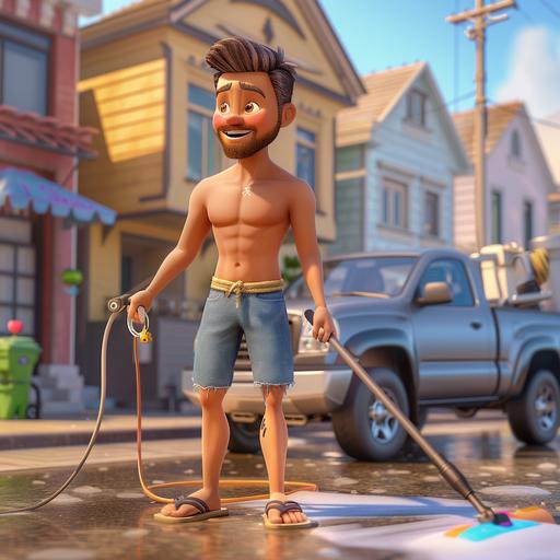 Young handyman-surfer in san francisco city, 3d character, happy, parked toyota tacoma, cleaning dirty windows, pressure cleaning gear, short pants, flip flops --v 6.0