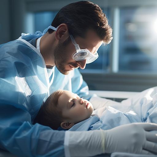 Young male doctor about 30 years old in blue surgical uniform with a stetoscop over his neck, holding a hand of sick child lying in bed, in bright, clean modern hospital with large windows and modern equipment photographic image sharp and bright, shades of blue and white,.