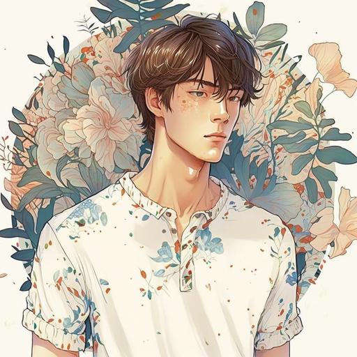 Young man, 23 years old. Handsome, tall, slender. Full body. Delicate features. Princely vibes. Light skin. Honey-colored eyes. Honey-colored, straight, shoulder-length hair. He wears a white T-shirt with a mushroom pattern. Blue jeans. manhwa style by Lee Young Hee. Ethereal, surrealism, digital art, vibrant colors. --v 4