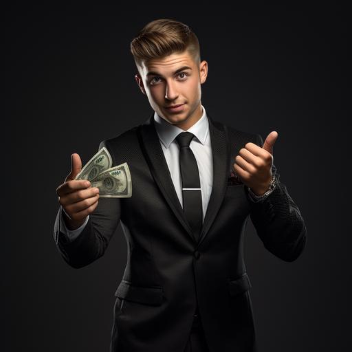 Young man holding money in a suit pointing at the money , 8k ,ultra detailed , high definition , no backround