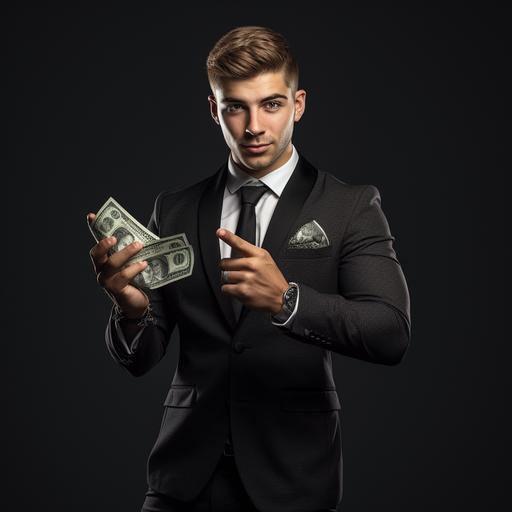 Young man holding money in a suit pointing at the money , 8k ,ultra detailed , high definition , no backround
