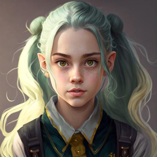 Young student with mint hair and golden eyes with ponytails