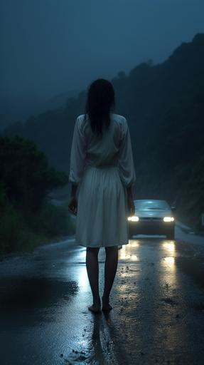 Young woman dressed in a light white dress on the side of the road, illuminated by the headlights of a car in the middle of the night. It's raining hard. Winter but no snow. Small country road in Corsica. Creepy atmosphere. Ultra-realistic photo. Ultra detailed. 8K. --ar 9:16