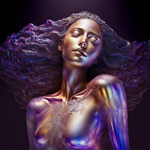 Young woman, gorgous body, long flowing sparkly hair, tight translucent bodysuit, made of carnival glass. Entering cosmic bliss with eyes closed. Hyperrealistic. Silky skin.