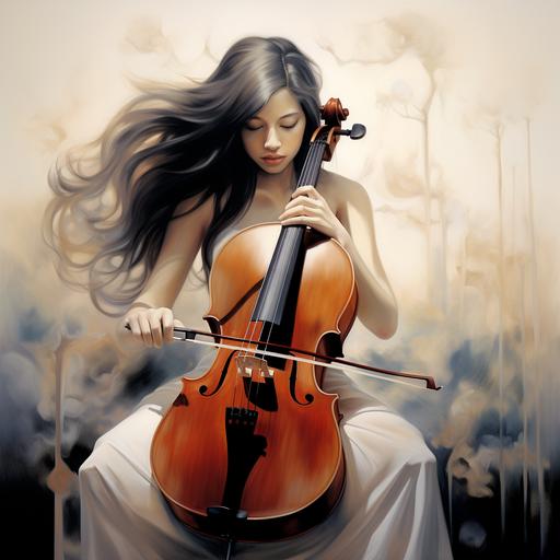 Young woman playing cello. black hair. Half white, half native american. watercolor painting. Hyper detailed and surreal.