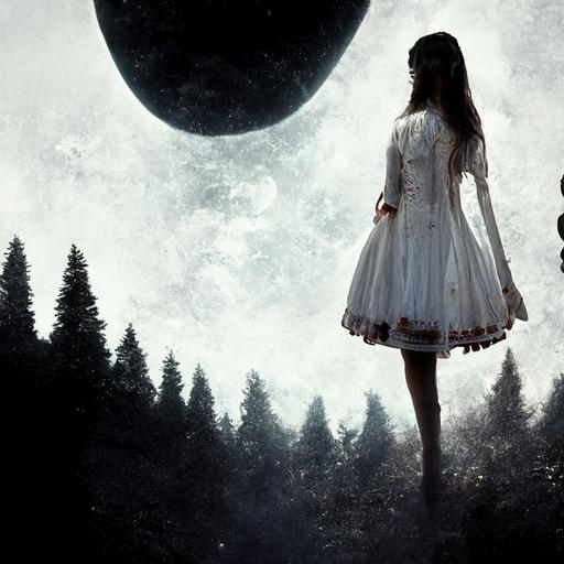 Younggirl, fantasy, horror, dark, magik, forest, Girl in white dress, moon, no fase