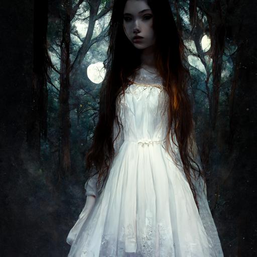 Younggirl, fantasy, horror, dark, magik, forest, Girl in white dress, moon, no fase