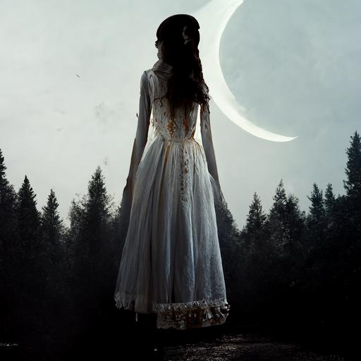 Younggirl, fantasy, horror, dark, magik, forest, Girl in white dress, moon, no fase