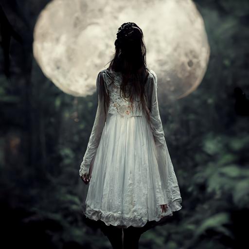 Younggirl, fantasy, horror, dark, magik, forest, Girl in white dress, moon, no fase