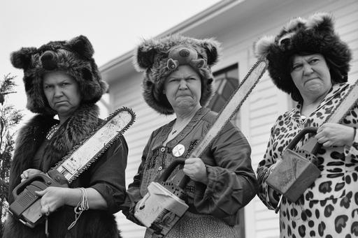 Your Nan is an angry woman, especially when she is with her two sisters, they're wearing their bear skin hats and they're all wielding their 12 ft chain saws. A mid-century modern portrait photograph. --ar 3:2 --style raw --s 20 --v 6.0