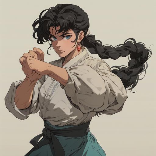 Yukako Saotome, gender-fluid child of Ranma and Akane, in a dynamic Anything Goes Martial Arts stance. Female form with long, voluminous black hair and Ranma's pigtail; male form with shorter, tousled hair. Wearing a modern martial arts gi that blends Ranma’s Chinese-style shirt and Akane’s practice outfit, adaptable to Yukako's changing form. The gi features symbols of their heritage, against a dojo backdrop combining traditional and adventurous elements. Yukako's pose reflects readiness and versatility, embodying the spirit of Anything Goes Martial Arts. Accent with a color-shifting pendant from red to blue, symbolizing their duality. Render in vibrant, contemporary anime style, capturing Yukako’s unique identity and martial prowess. --v 6.0