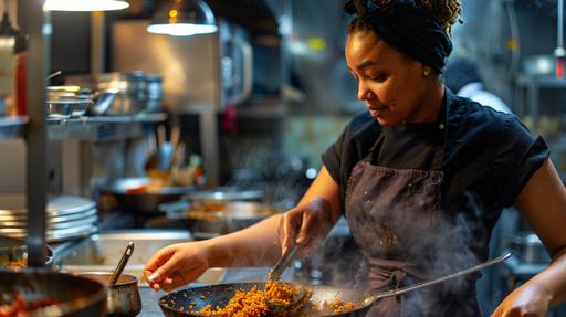Yuliana, a talented young Eritrean chef, prepares a unique lamb pilaf inspired by biriyani. In the style of award-winning personal profile and interview photography, and food photography in Eater magazine. --ar 16:9