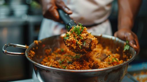 Yuliana, a talented young Eritrean chef, prepares a unique lamb pilaf inspired by biriyani. In the style of award-winning personal profile and interview photography, and food photography in Eater magazine. --ar 16:9