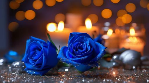 royal blue roses on a silver table with candles and blur fairy lights in the background --ar 16:9