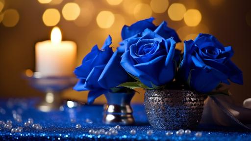 royal blue roses on a silver table with candles and blur fairy lights in the background --ar 16:9