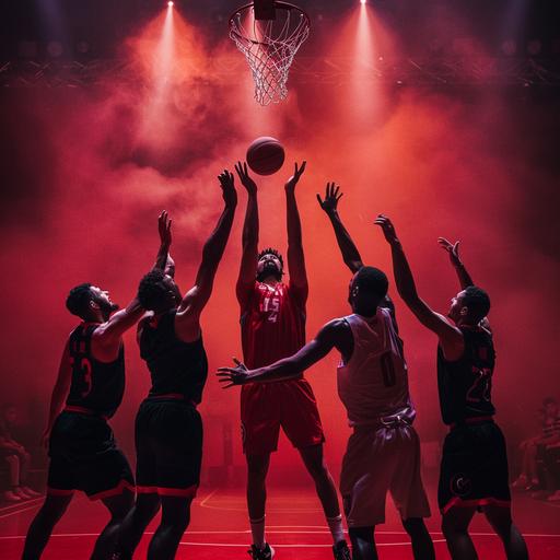 Shooting a basketball free throw, standing ready to shoot. All the defenders are in the air ready to stop the ball. Your eyes are locked on the hoop. The background is dimly lit and there is a slight red hue across the floor. The defending players are all in black kit, you are in a bright red and white basket ball kit. The camera is behind you and your arms are raised with the ball about to be released. Create the image in 16:9 aspect ratio, 1920px by 1080px