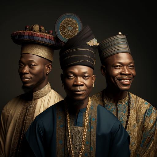 James Christensen   albert watson style, portrait of three nigerian men, wearing traditional yoruba outfits, smiling, exquisite detail, 30-megapixel, 4k, 105-mm-lens, sharp-focus, intricately-detailed, f/1.4, bokeh, shallow depth of field, ISO 100, shutter-speed 1/125, diffuse-back-lighting, award-winning photograph, facing-camera, looking-into-camera, monovisions, elle, vogue, small-catchlight, low-contrast, High-sharpness, facial-symmetry, golden-hour, ultra-detailed photography, shiny metal surface with intricate swirling mother of pearl inlays, raytraced, global illumination