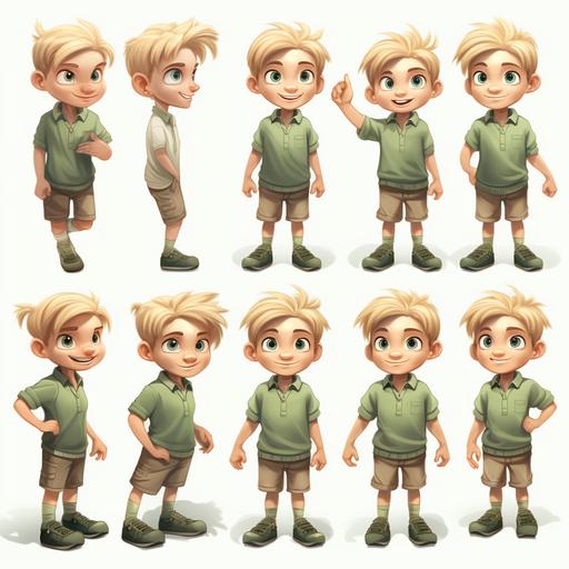 Create a character for children's stories, a 14-year-old boy with blonde hair, green eyes, must have green eyes, cute, blue and white shirt, brown shorts, in various poses and expressions, cartoon.