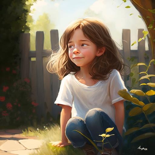 Zara Zoom, 8 years old, brown hair, plain white t-shirt, blue jeans, discovering something magical in her backgarden, sunny day, pixar style, childrens cartoon