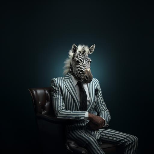 Zebra in striped fur coat and suit with tie, in the style of surreal fashion photography, hyper-realistic portraits, authentic visual aesthetic style, hyper-realistic sculptures, realistic animal portraits, candid shots of famous figures, exquisite clothing detail by Elaine de Kooning, ar 2:3 --v 5.2 --s 250